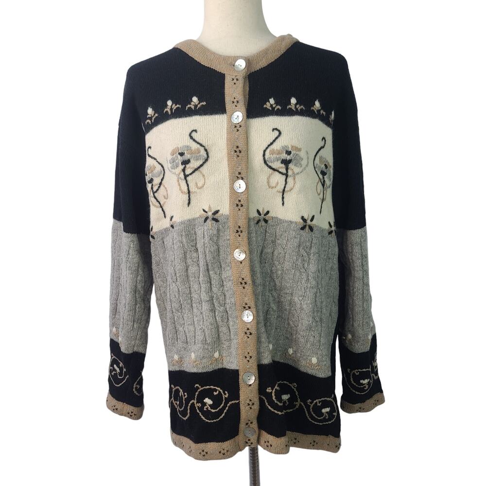 One Step Up Gray Tan Black Lambswool Angora Button Up Sweater Cardigan XL 18 20